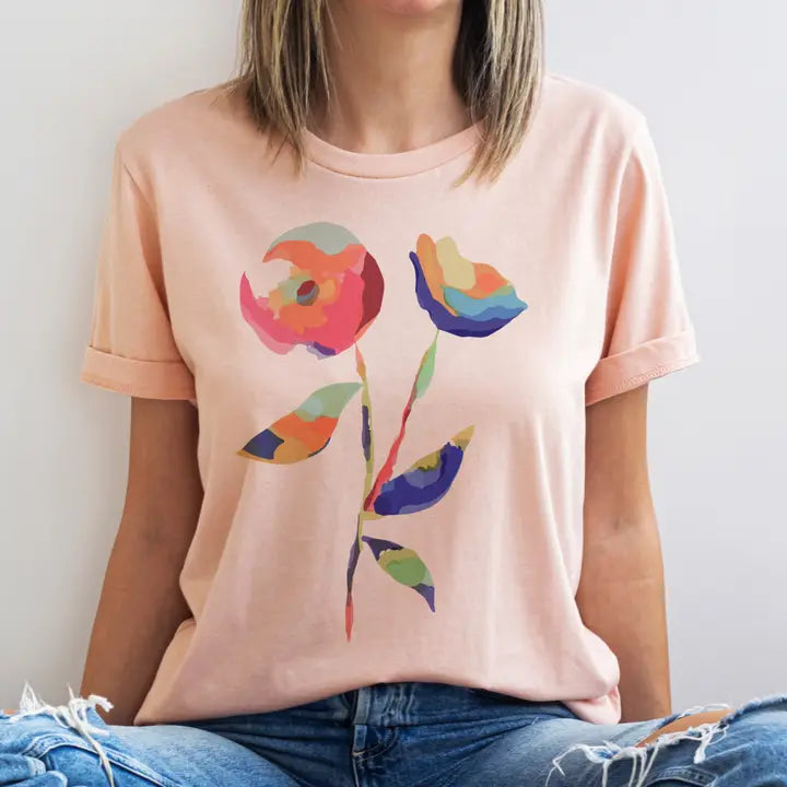 Watercolor Floral Graphic Tee - Peach